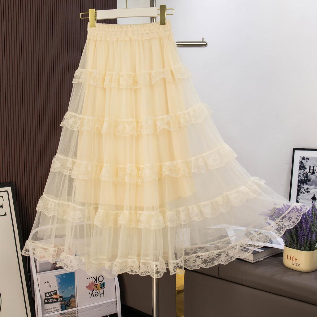 Qooth Lace Embroidered Tulle Skirt Tiered Cake Midi Skirt French Romantic Style QT2848 абрикосовый