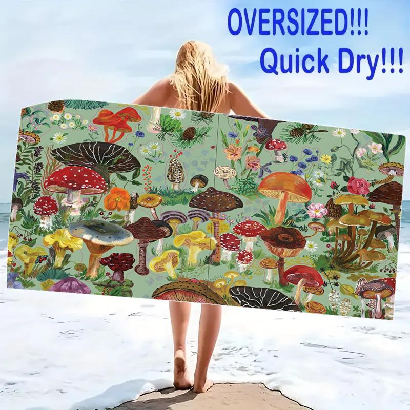 Mushroom Print Beach Towel, Large Soft Quick Dry Towel for Beach Camping Swimming
