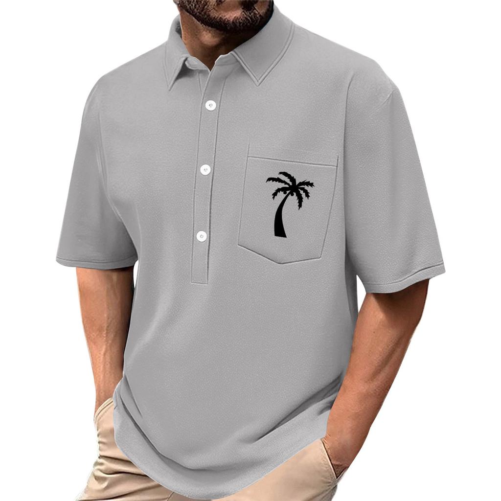 Men's Summer Solid Color Print Four-sided Stretch Lapel Button Pocket Shirt Casual Sports Short-sleeved Top