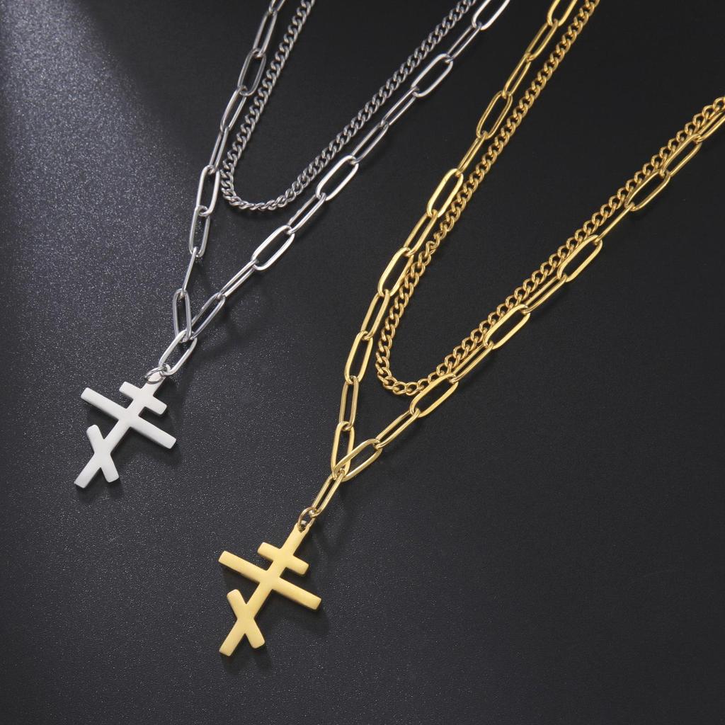 Ins Style Double Strand Eastern Orthodox Cross Necklace Titanium Steel Unisex