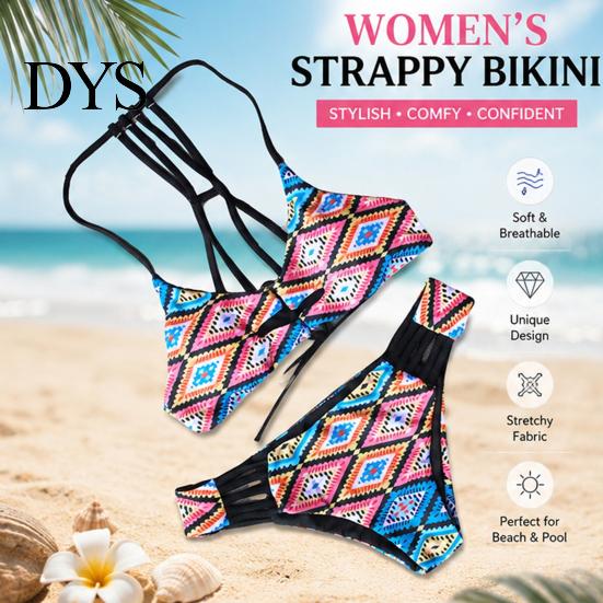 Low Waisted Bikini Women Set Sexy Swimsuit Waist Hollow Side Colorful Printed Bottoms Swimwear Adjustable Halter Top Lace-Up Front Beachwear