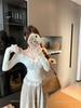 Women's V-Neck French Lace Patchwork Long-Sleeve T-Shirt - Slim Fit, Waist-Cinched - Perfect for Spring, Autumn, Winter
