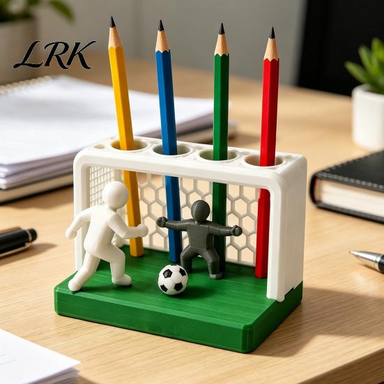 Thick Texture Pen Holder Soccer Goal And Player Figure Holder, 3D Printed Sports Odorless Stationery Theme Pencil 4 Hole Desktop Organizer for