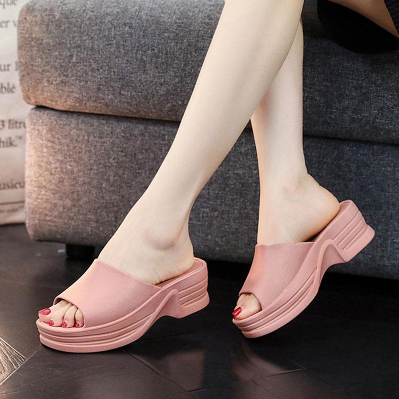Fashion Women's Slippers Solid Color Casual Platform Sandals Slipper Open Toe Wedge PVC Chunky Middle Heel Ladies Slides Shoes