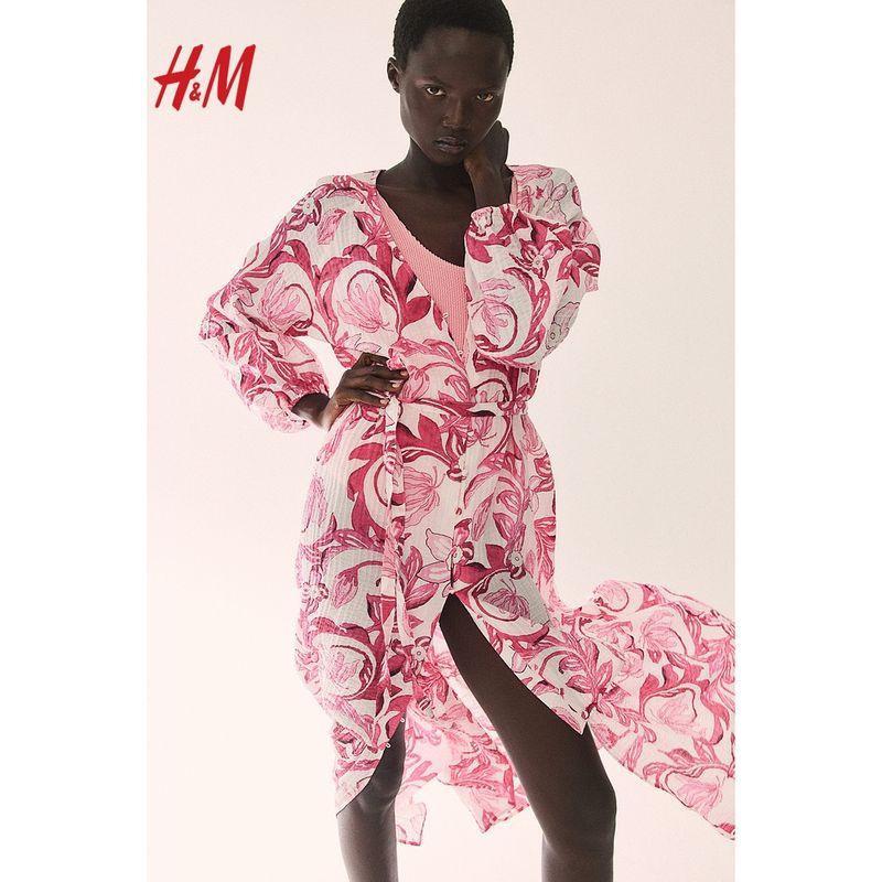 

HM Women s Clothing Dress Summer V Neck Waist Belt Crepe Woven Lantern French Plant Print Dress 1226566 White/Pink Flowers 170/104(L)