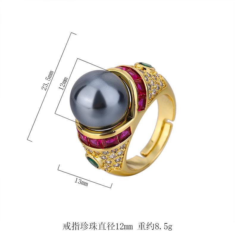 Hua Youmei Gold Plated Luxury Pearl Finger Ring Enamel Zircon Tahitian Grey