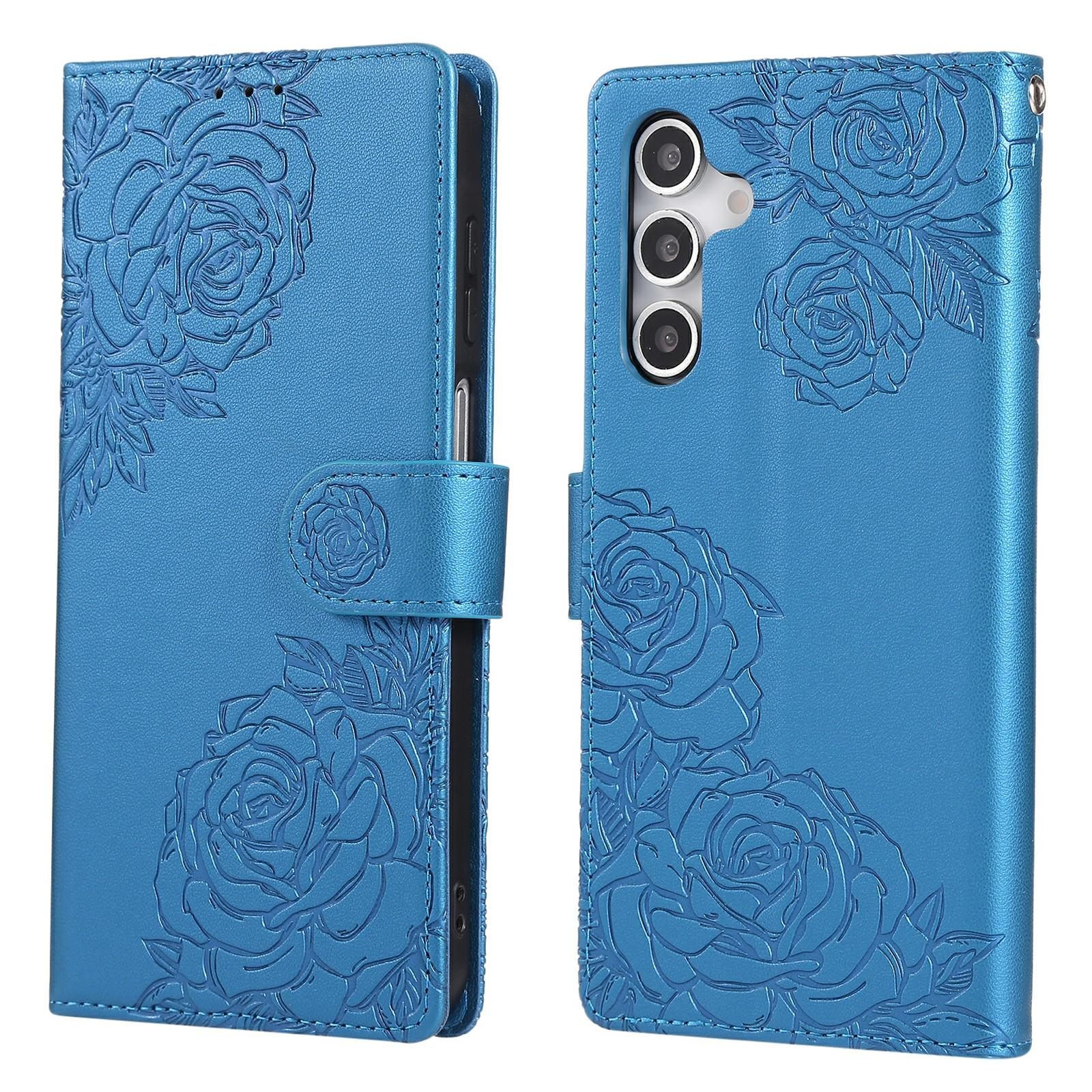 

For Samsung Galaxy S25/S24 Case Rose Flower PU Leather Wallet Phone Cover with 3 Card Slots Blue