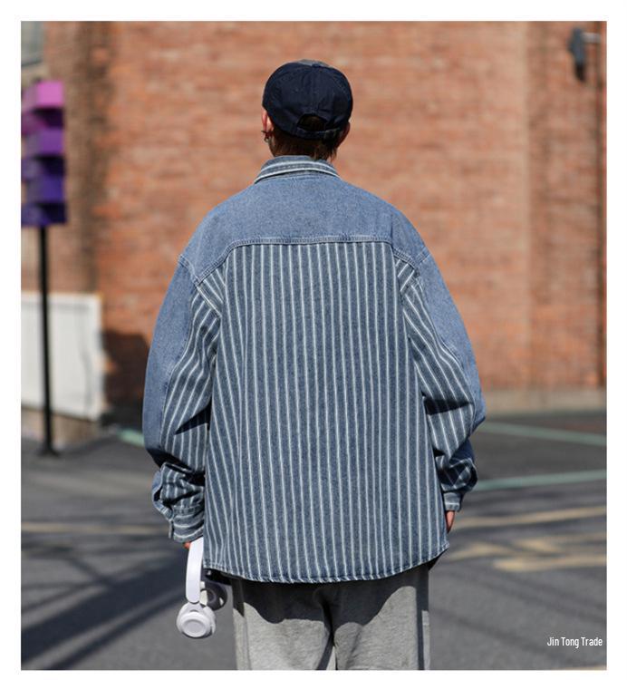 Herrjacka Vår/Höst Randig Lapptäcke Denimjacka - Trendig, Cool, Lös Passform, Tvättad Arbetskläder i Amerikansk Hong Kong-stil.