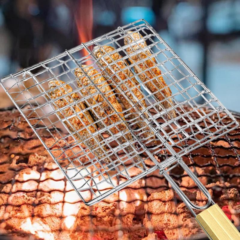 Fish Grilling Rack For Camping Portable Grill Basket Wooden Handle Shrimp Vegetable Grilling Plate High-Temperature Resistant