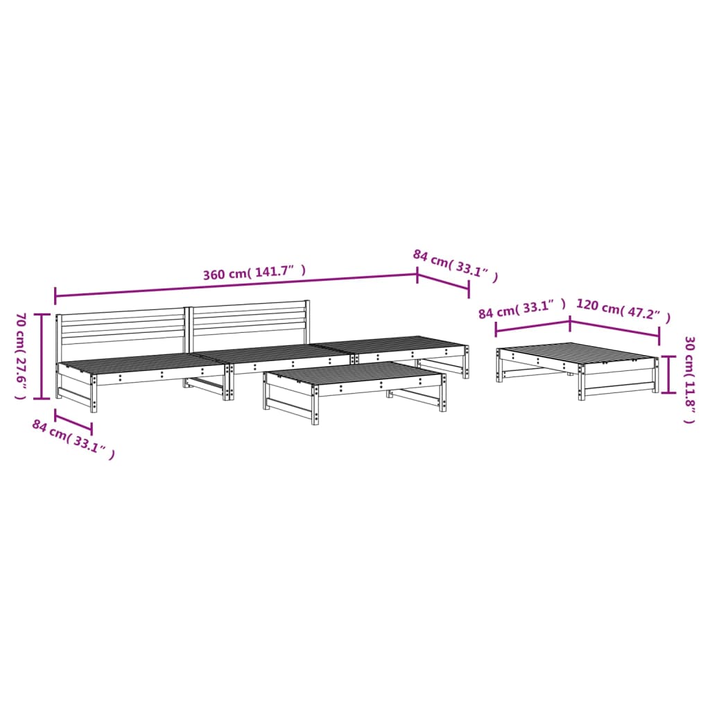 5 Piece Garden Lounge Set Grey Solid Pine Wood