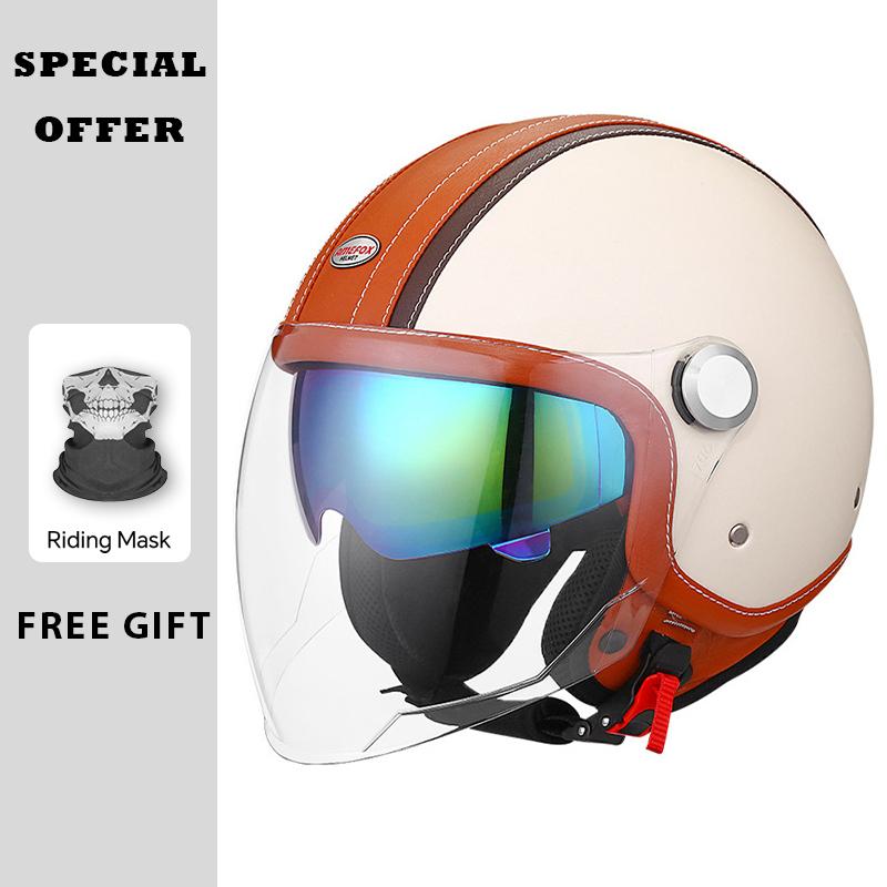 DOT Approved Jet Helmet Double Visor Leather 3/4 Open Face Helmet Safety Motorcycle Helmets Daul Lens Man Women Four Seasons