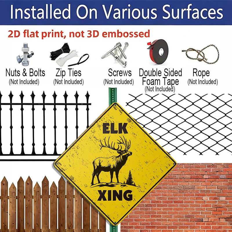 2D Flat 1pc, Vintage Elk Crossing Sign - Rustic Iron Metal Tin Wall Decor with Caution Yellow Finish & Elk Silhouette Design - Indoor/Outdoor Durable