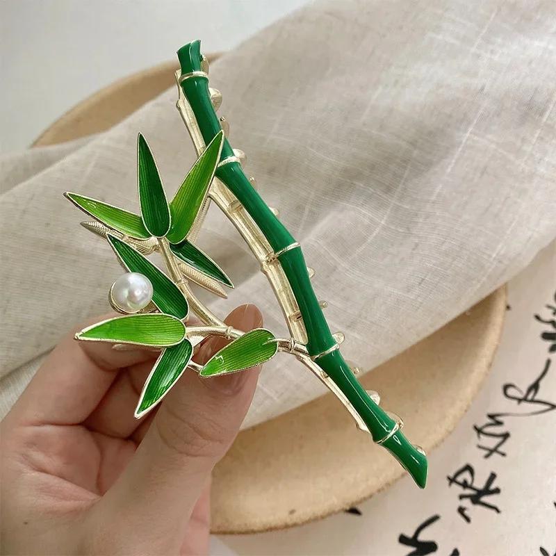 Chinese Vintage Style Retro Fresh Green Bamboo Fashion Pearl Metal Hair Clip Personalized Design Women's Headwear Decoration