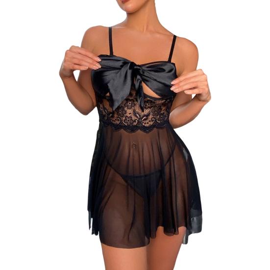 

2 шт./компл., женская ночная рубашка, комплект стрингов, прозрачные трусики без рукавов спереди, на шнуровке с бантом, декор, кружевные женские ночные рубашки, трусики S чёрный