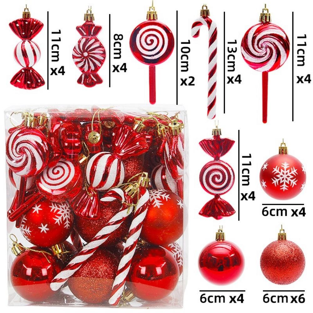 36pcs Christmas Ornaments Red Christmas Ball Shatterproof Plastic Christmas Tree Hanging Candy Cane Christmas Decorations