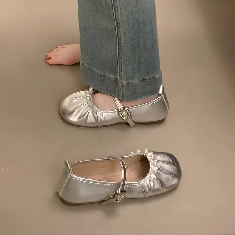 French Pearl Mary Jane Shoes Girl 2025 Spring New Fairy Evening Wind Large Size Soft Sole Ballet Grandma Shoes