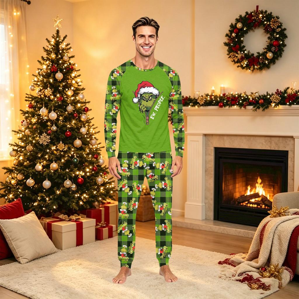 Family Matching Christmas Print Pajama Set Long Sleeve Neck Top and Pants for Kids and Adults