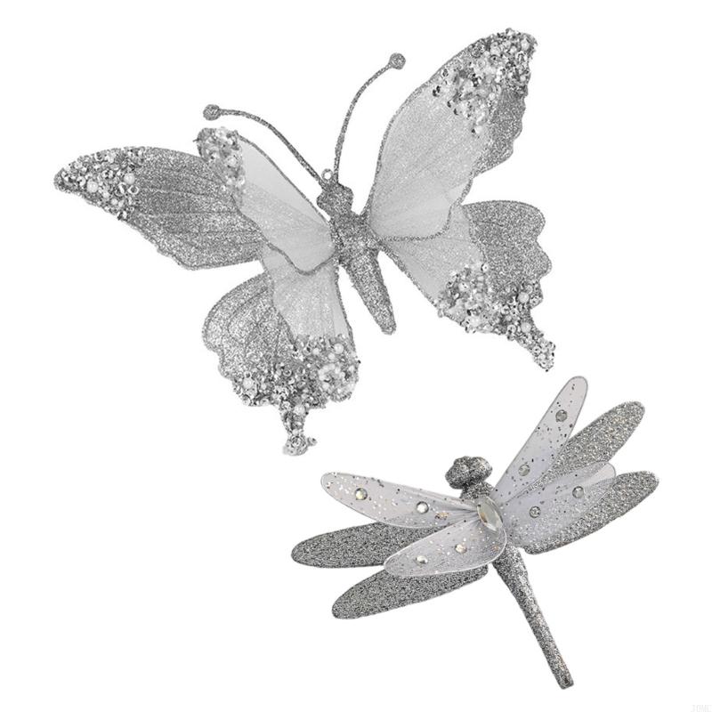 

2PCS Christmas Butterfly Dragonflies Shaped Plastic Hanging Ornaments For Indoor Outdoor Holiday Party Decoration J0MC срібний