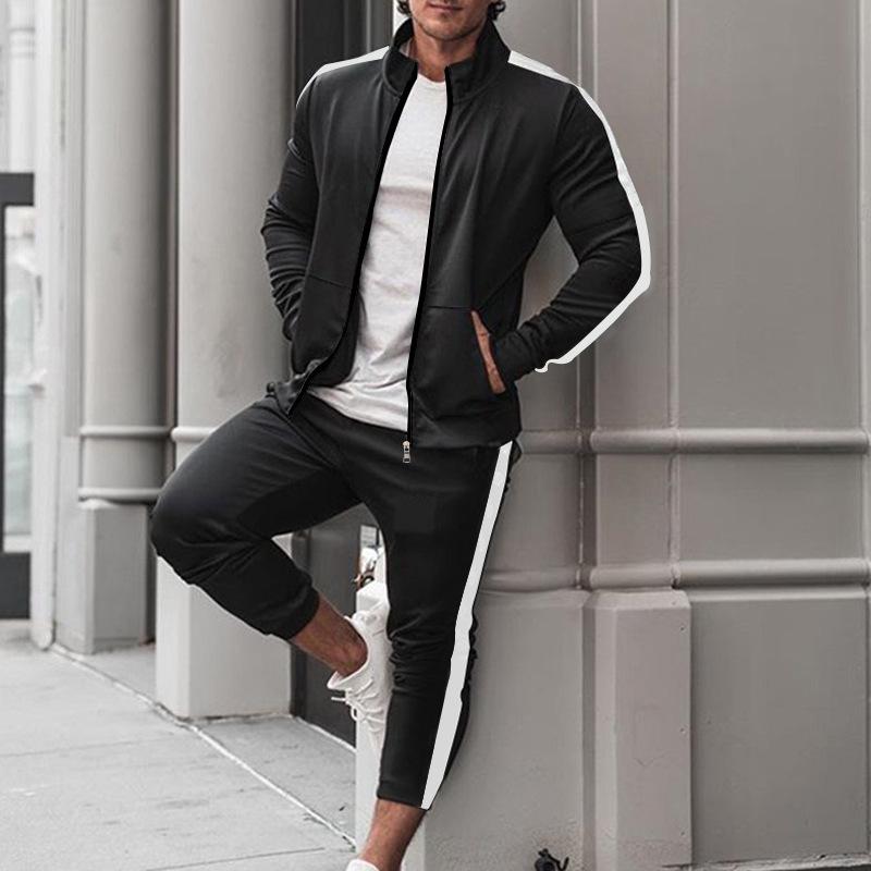 2024 Men's Patchwork Stand Collar Slim Fit Sports Suit - Long Sleeve & Pants, European/American Style for Spring & Autumn