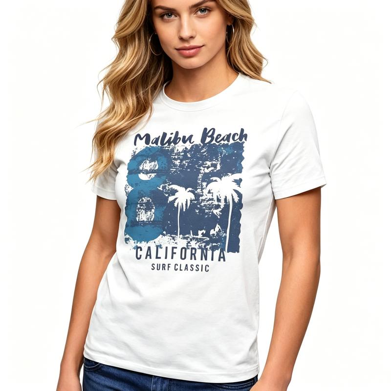 Malibu Beach California Graphic T Shirt Cute Palm Tree Print Tee Unisex Unisex Soft Cotton Crew Neck Short Sleeve Trendy Streetwear