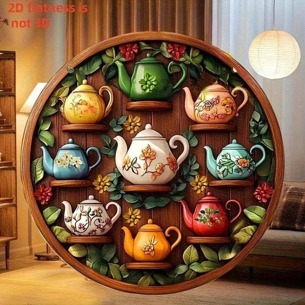Богемный Чайник Цветочный Венок Круглый Металлический Арт 2D Плоский Деревянный Знак Домашний Подарок 20x20