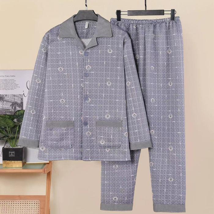 Men's Cotton Plaid Pajamas - Long-Sleeved Cardigan, Lapel, Plus Size, Perfect for Autumn and Winter.