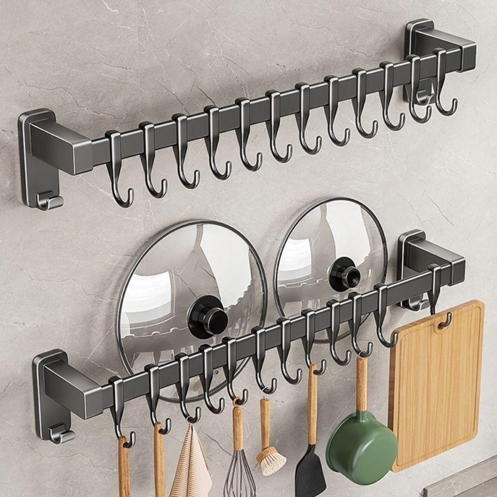 Wall Mounted Kitchen Organizer Hook Double Pole Kitchen Utensil Organizer Pot Lid Rack  Bathroom