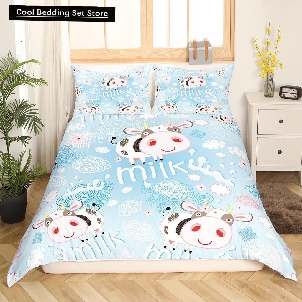 Milk Cow Duvet Cover King Queen Size Cute Cartoon Cows Bedding Set for Kids Farmhouse Rustic Animal 2/3pcs Polyester Quilt Cover