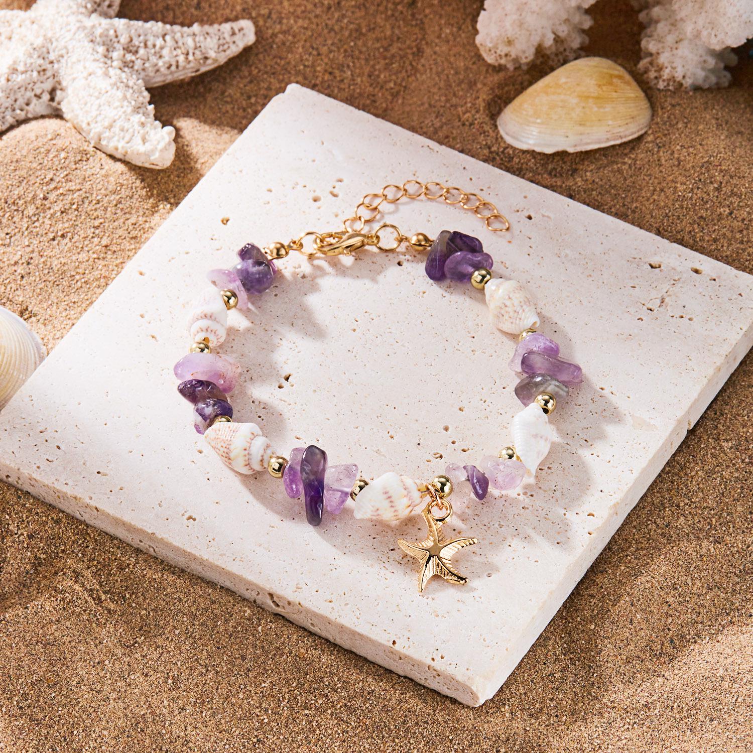 Bohemian Ocean Starfish & Seashell Bracelet for Women: High-End Dopamine Design фиолетовый