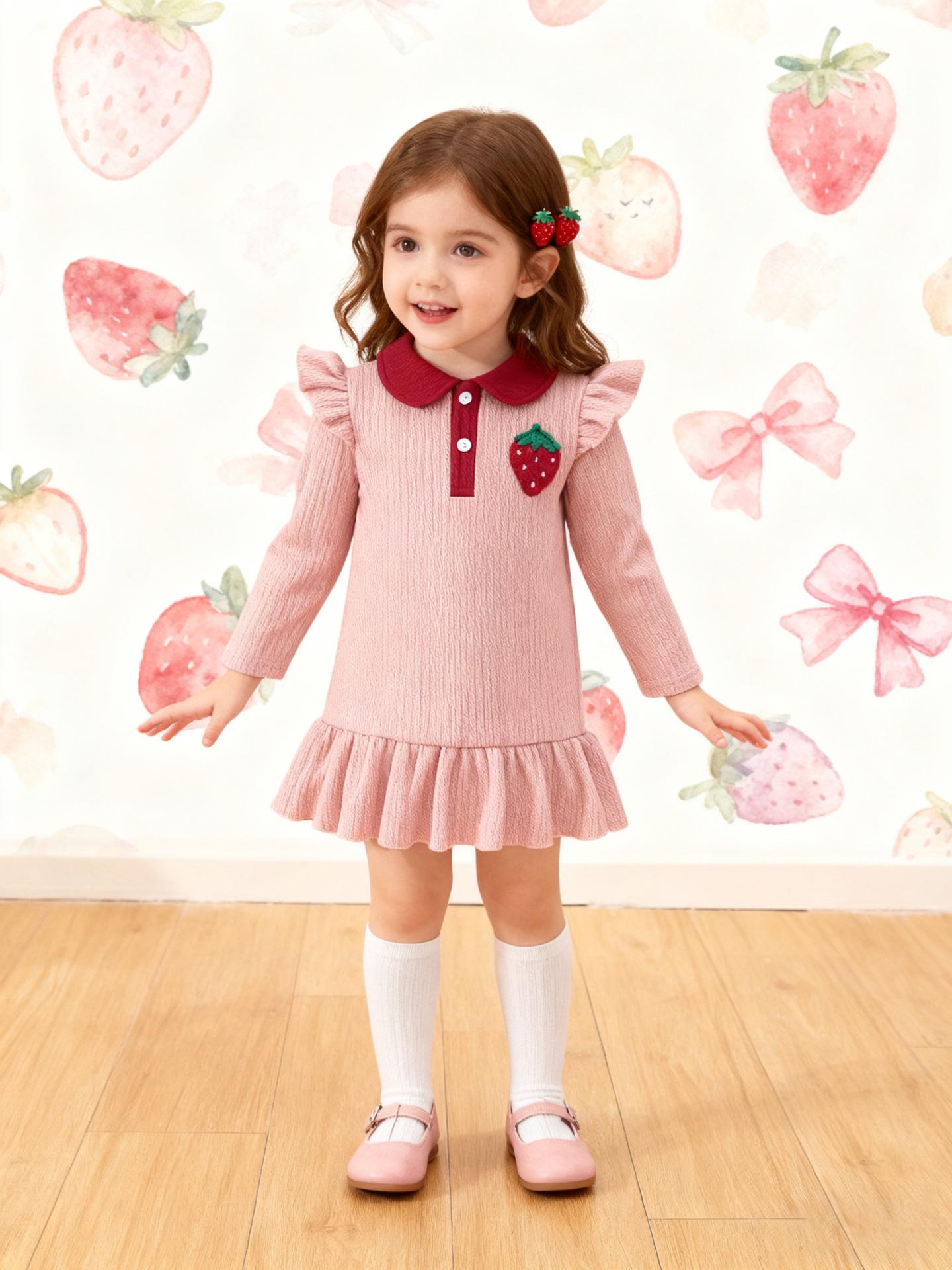 Spring & Autumn Strawberry Patchwork Princess Dress - INS Style Ruffled Knit with Lapel for Children 6-9 Months розовый