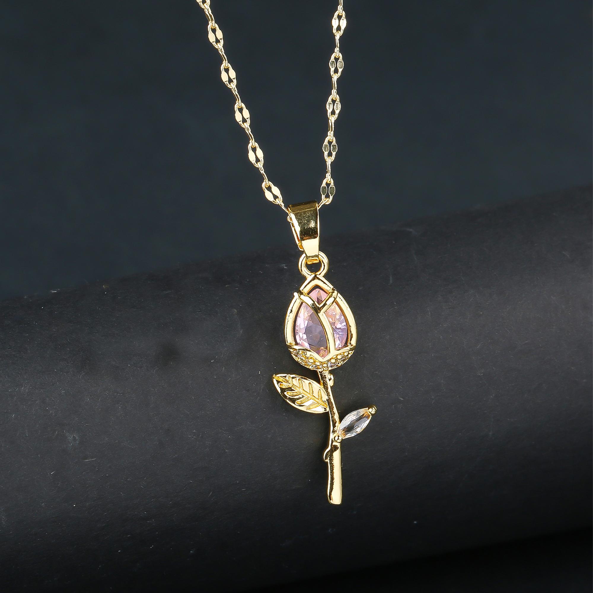 Light Luxury Zircon Tulip Flower Pendant Necklace for Women Elegant Clavicle Chain Fashion Party Zircon Friendship Gift