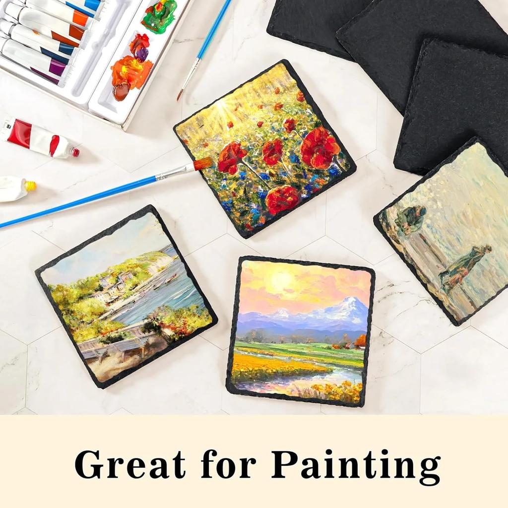 8pcs Slate Coasters Bulk - 4 Inch Square Round and Hexagon Handmade Black Stone Blanks for Laser Engraving and Home Decor