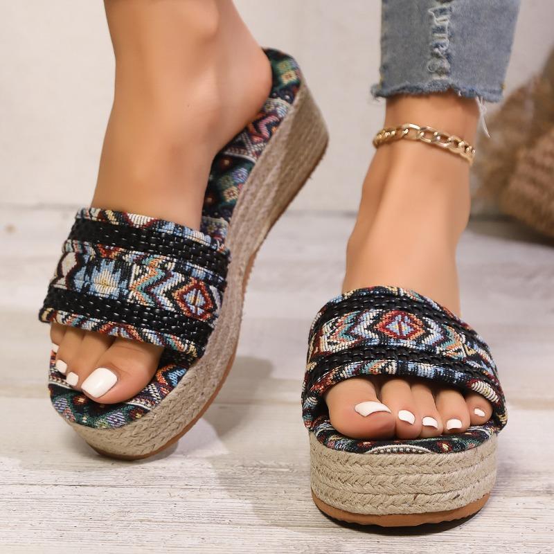 Fashion Women's Slope Heel Sandals Summer New Round Head Open Toe Cloth Surface Thick Sole Anti-slip Wear-resistant Slippers
