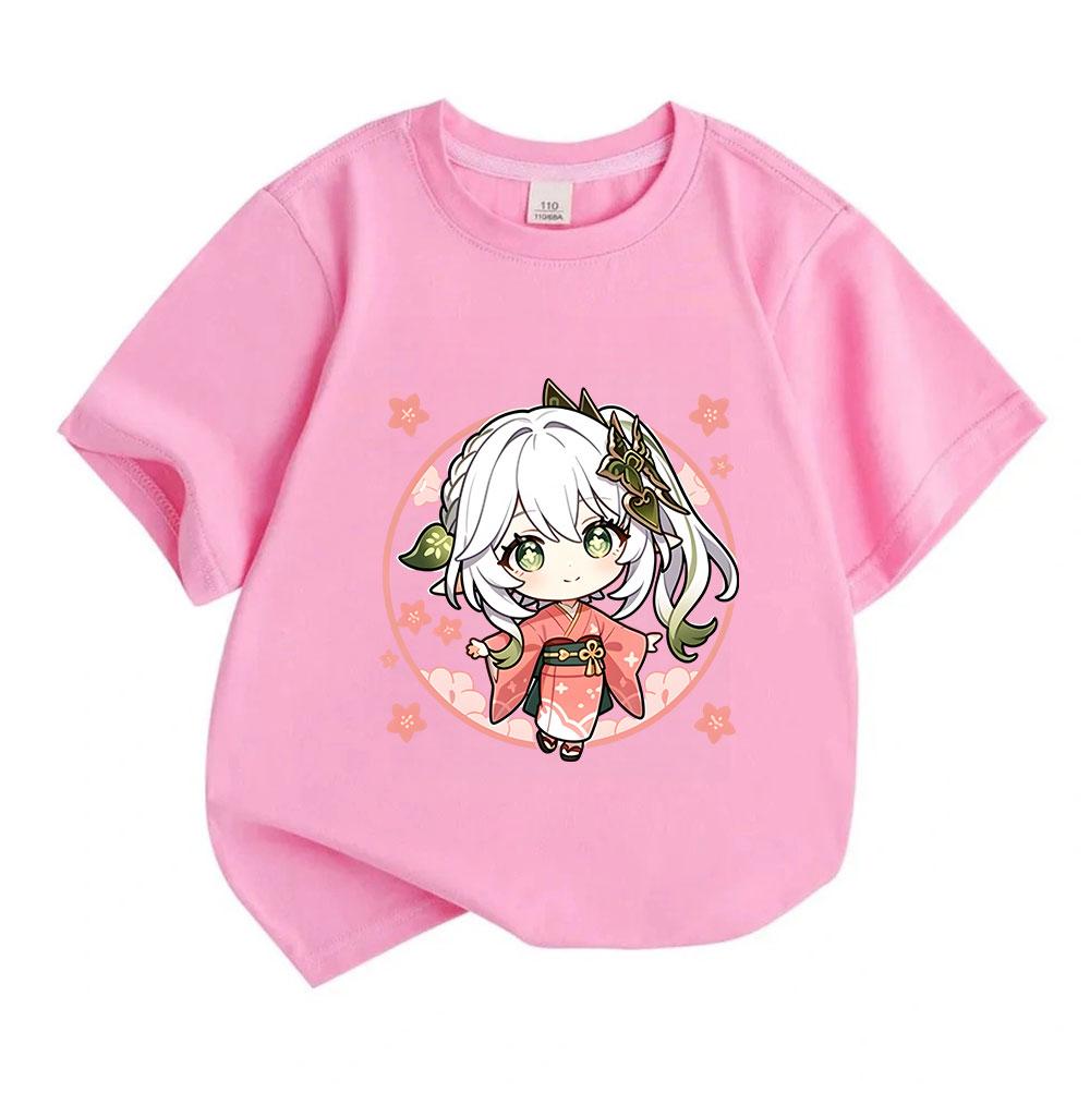 Kids Boys Girls Casual Short Sleeve O-neck 100% Cotton T-shirt Cute Chibi Nahida In Kimono Print Soft Breathable Tees For Spring Summer Daily Wear Gif