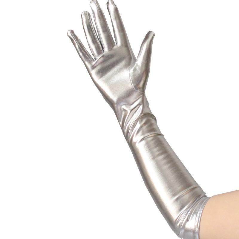 Medium And Long Patent Leather Gloves, Sexy Coating, Gold And Silver Bright Leather Long Steel Pipe Stage Performance Photo Prop Gloves