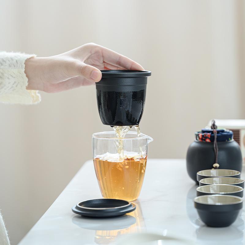 Tragbares Reise-Teeset, kleines Set, Outdoor-Teetasse, ein Kännchen, drei Tassen aus Glas-Express-Tasse, Teekannengeschenk