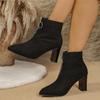 Fashion Block Heel Single Boot Spring and Autumn New Pointed Toe Suede Metal Front Zip Anti-slip Wear-resistant High Heels
