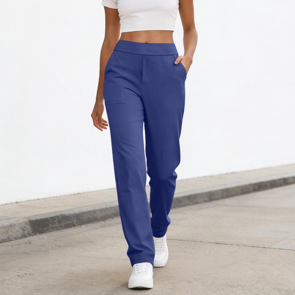 Women's Fashionable Color High Waisted Elastic Straight Leg Casual Pants With Pockets, Yoga And Fitness Pants