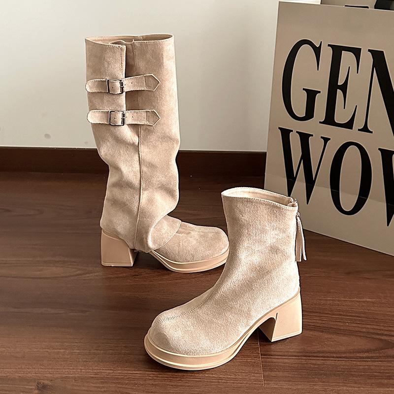 

Women Retro Fashion Design Sense Removable Two-wear Thick Heel Boots Lady Stacking Thick Heel Thigh-high Boots Boots Botas Mujer 35 абрикосовый