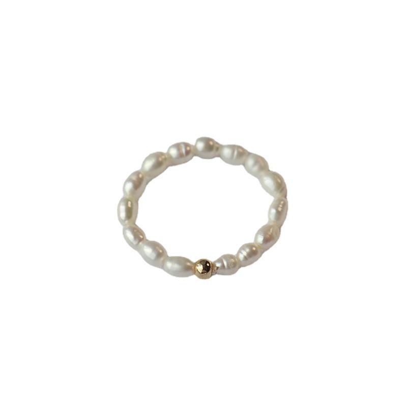 14K Gold Bead & Freshwater Seed Pearl Elastic Ring - Stackable & Versatile Style