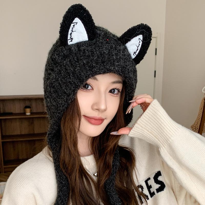 Autumn and winter cute fox ears knitted wool hat children warm braids straps ear protectors show face small cold hat