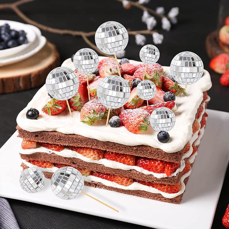 10Pcs 2/3Cm Shiny Mirror Balls Cake Topper Cupcake Toppers With Wooden Sticks Birthday Wedding Dance Party Cake Decoration