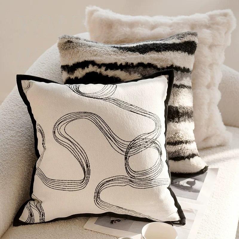 Black & White Modern Throw Pillow Covers Set - Neutral Abstract Striped & Plush Cushion Covers for Living Room Sofa Decor