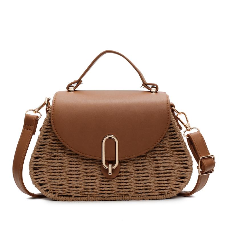 Straw Beach Bag PU Leather Summer Shoulder Bag Flap Handbag Handmade Clutch Purse for Women