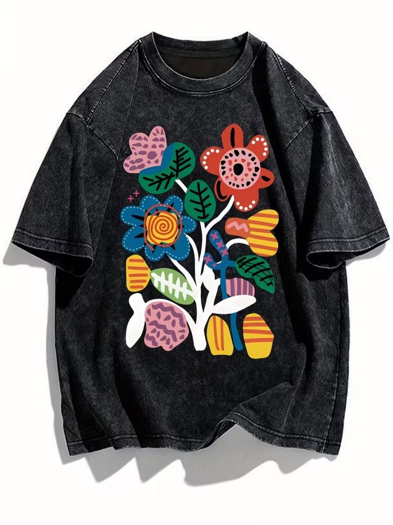 Vintage Wild Floral Graphic TShirt Relaxed Retro Washed Tee for Men Women Travel Daily Vacation Stylish Casual Street Looks