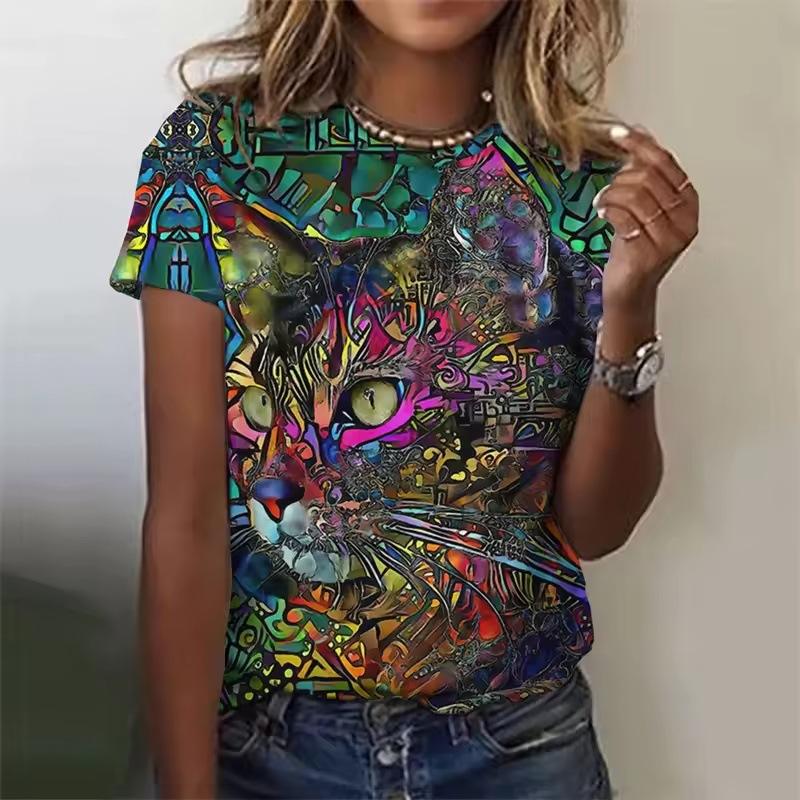 Summer Round Neck 3D Cat Pattern Print Top Fashionable Casual Short Sleeved Women's T-shirts
