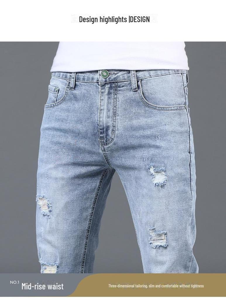 Men's Summer Light Ripped Slim Straight Jeans - Elastic, Casual, Thin, Korean Style.