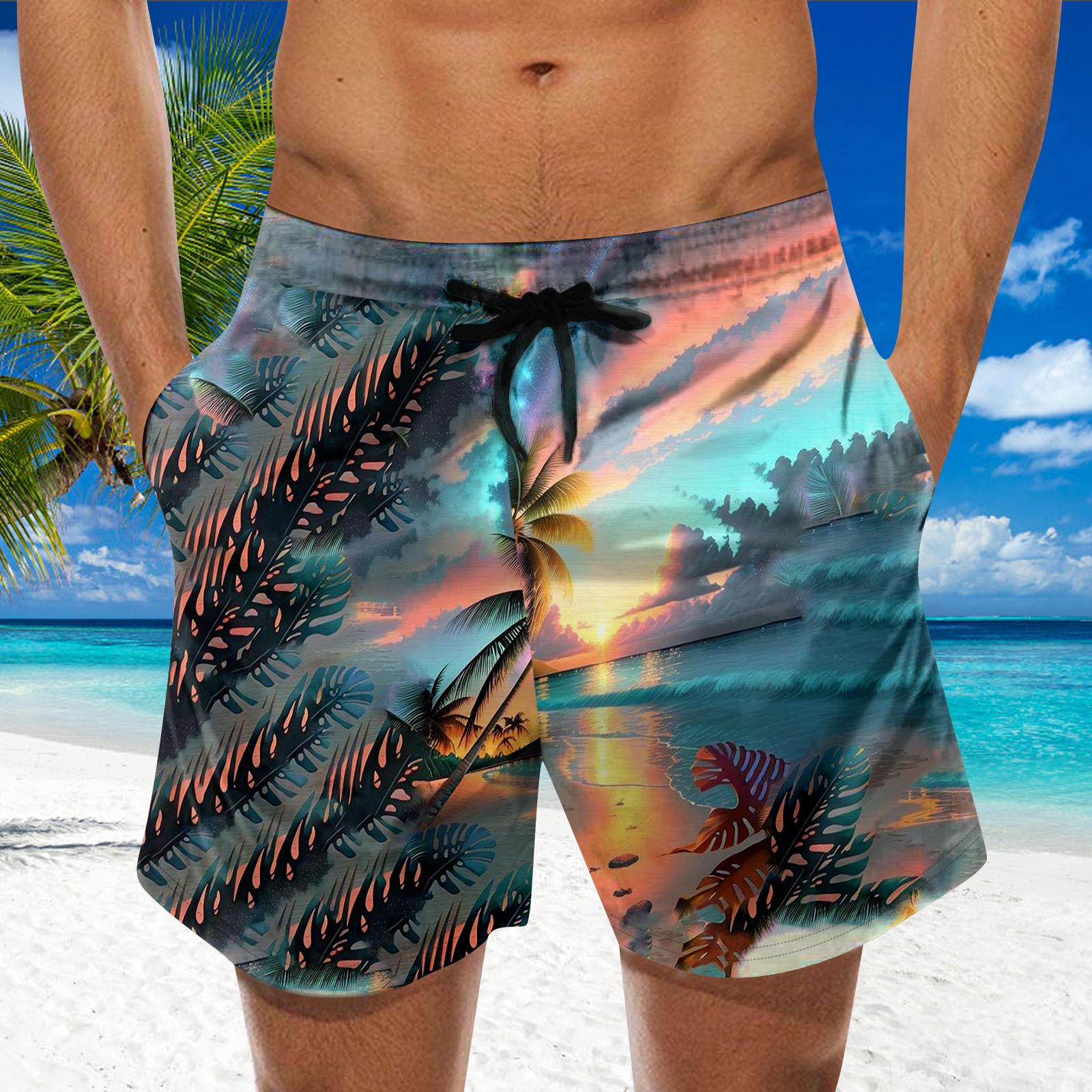 

Men’s Swim Trunks with Drawstring Waistband Quick Dry Fabric and Tropical Landscape Print for Beach or Pool Wear M розовый