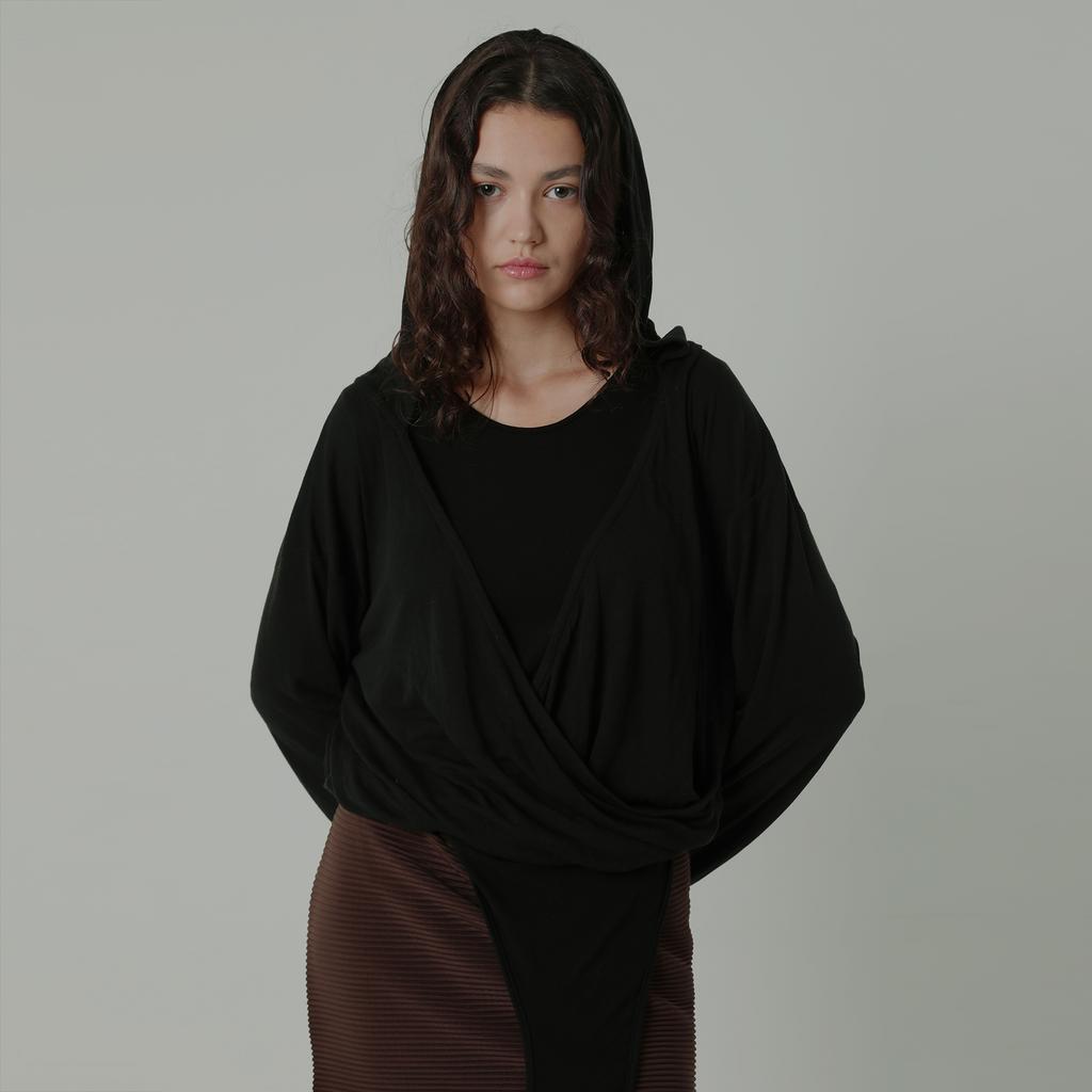 Wool Tencel Hoodie Wrap Cardigan Light Black