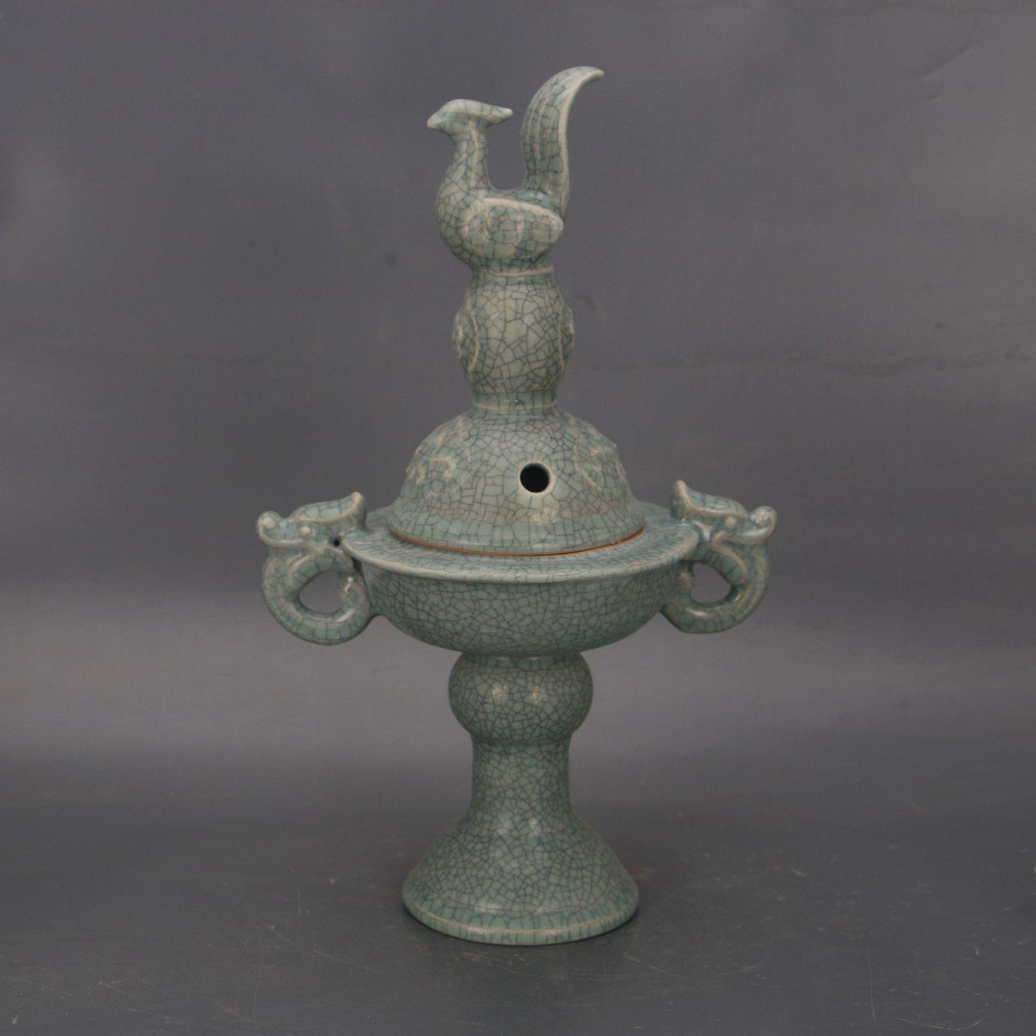 Song Dynasty Ru Kiln Celadon Incense Burner with Dragon and Phoenix Openwork Design, Antique-Style Porcelain Collectible.